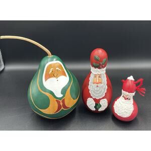 Three Santa Claus Gourds Hand Painted Christmas Folk Art Signed
